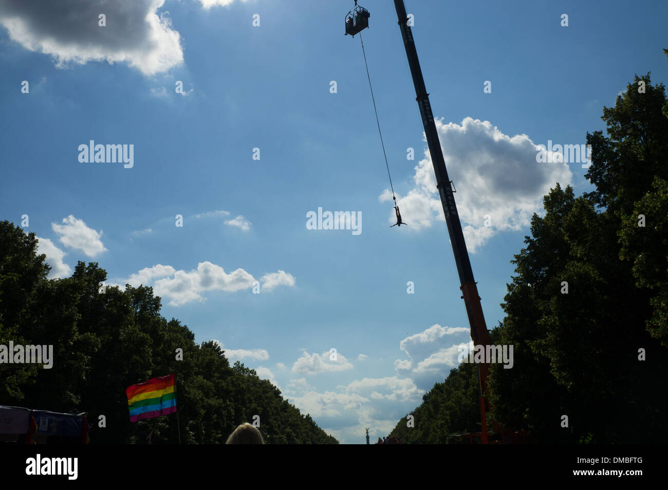 People doing bungee jumping during the Christopher Street Day (Gay Pride Parade) in Berlin Stock Photo