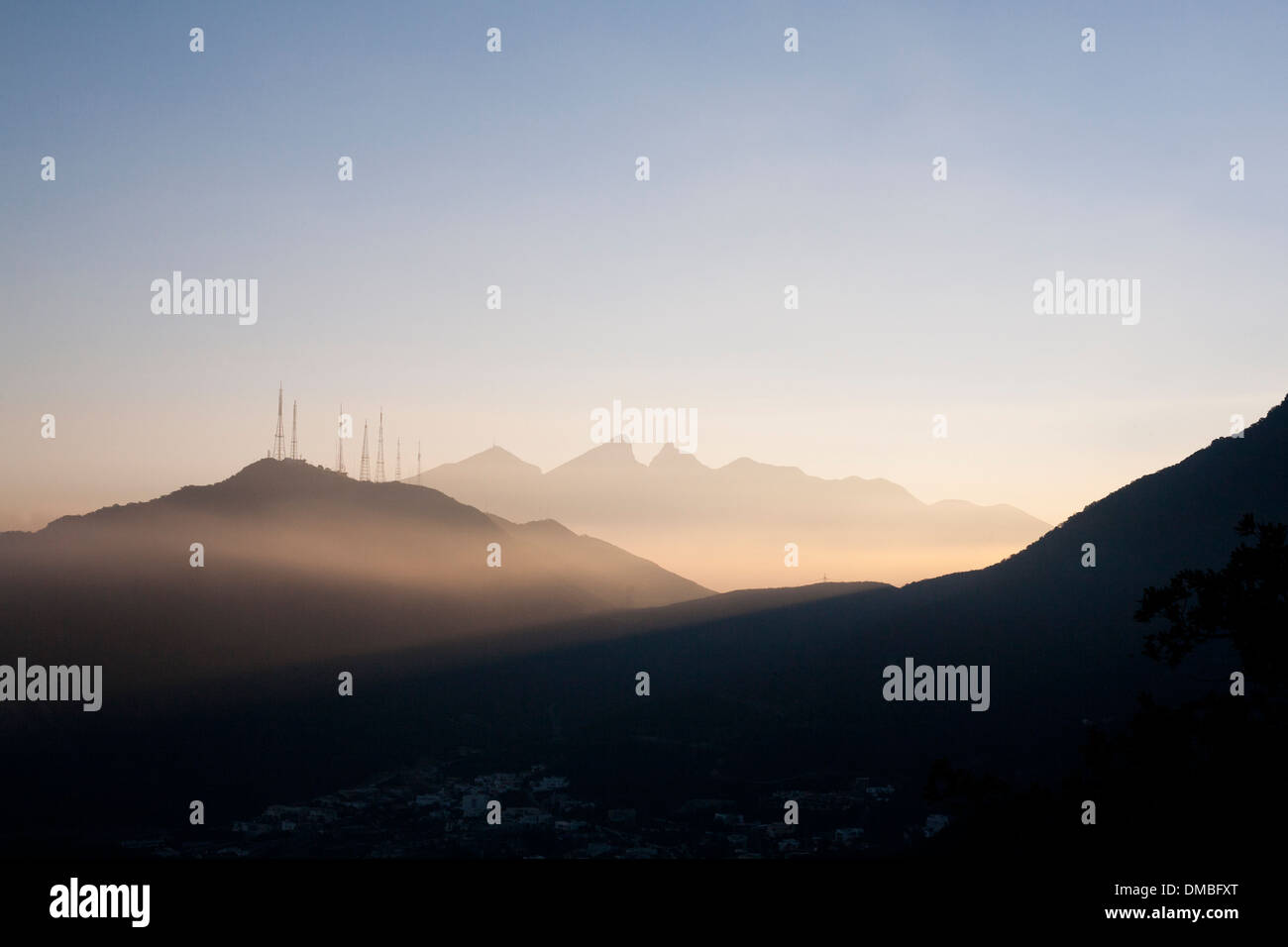 An early morning view of Cerro de la Silla from Chipinque in Monterrey, Mexico. Stock Photo