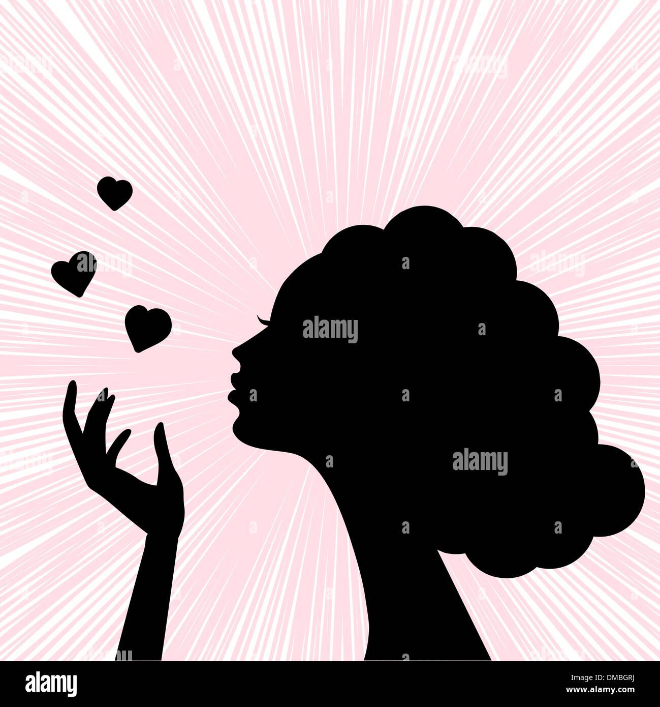 beautiful woman face silhouette with heart kiss Stock Vector