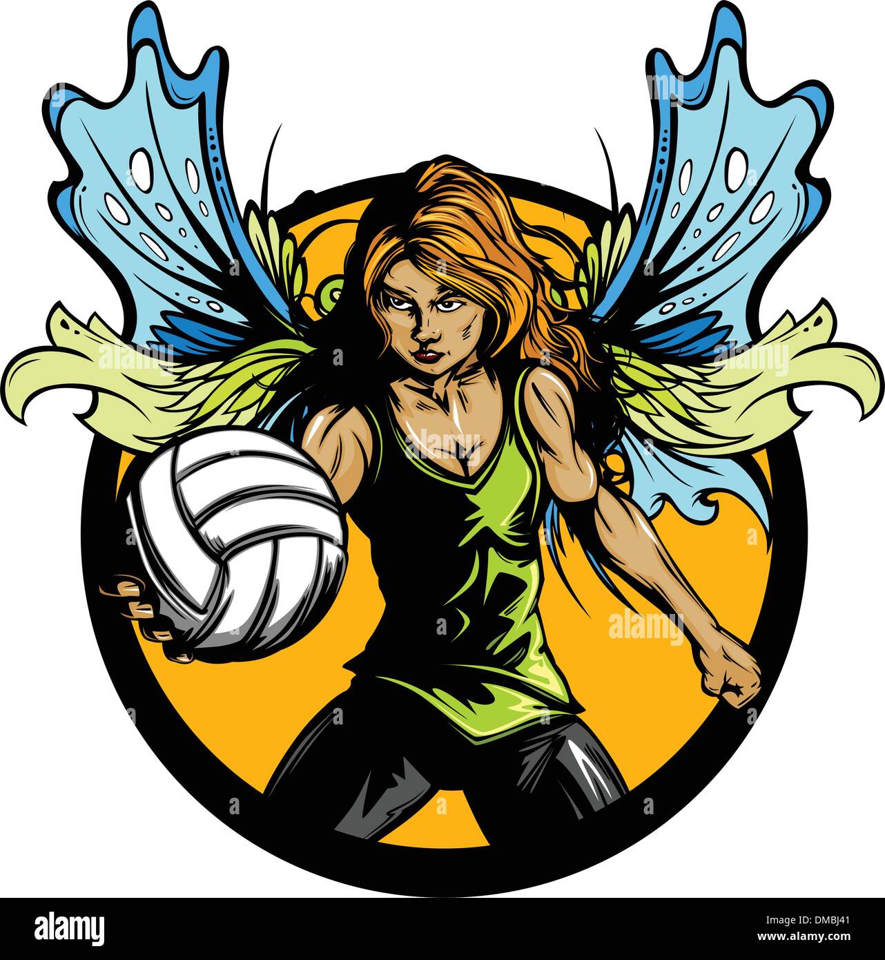 Female Volleyball Player with Fairy Wings Holding Ball Stock Vector