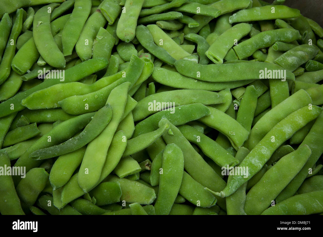 Frozen peas beans lettuce cabbage products laid on ice to be showcased