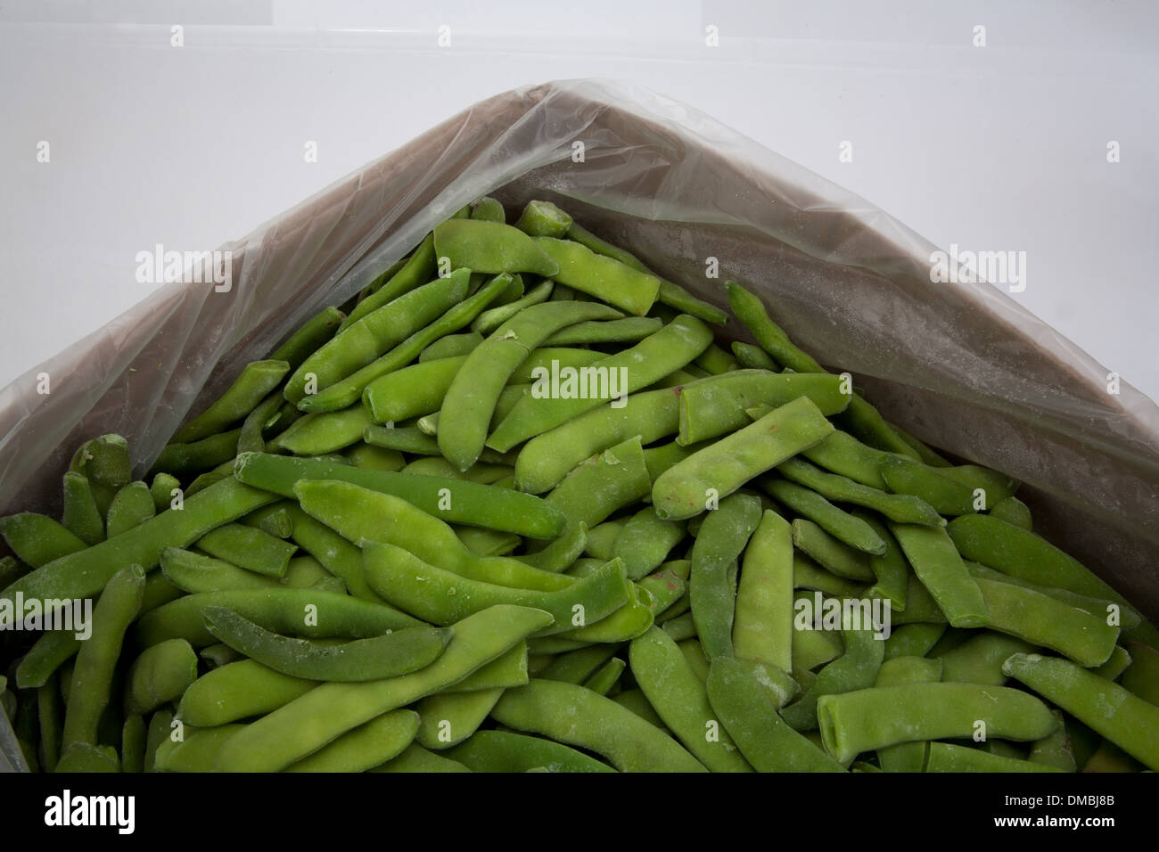 Frozen peas beans lettuce cabbage products laid on ice to be showcased