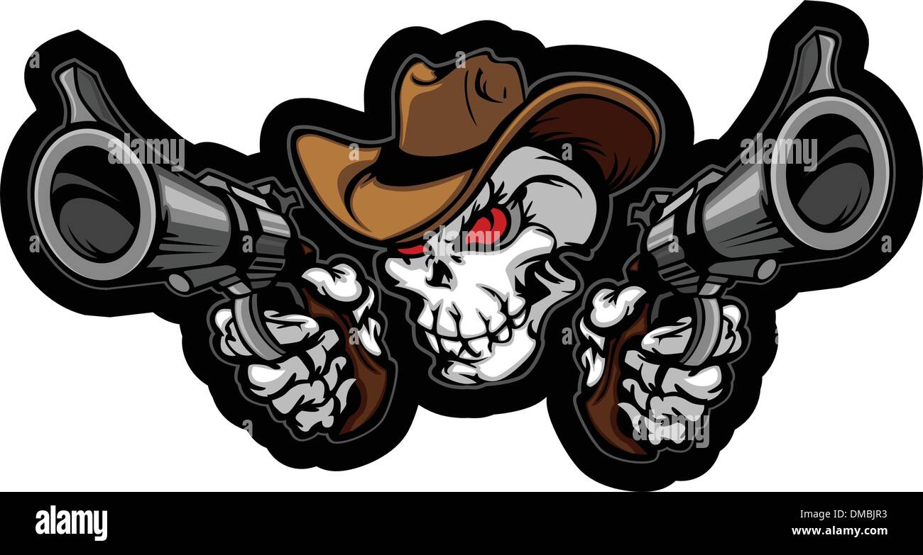 Skull Cowboy Aiming Guns Stock Vector