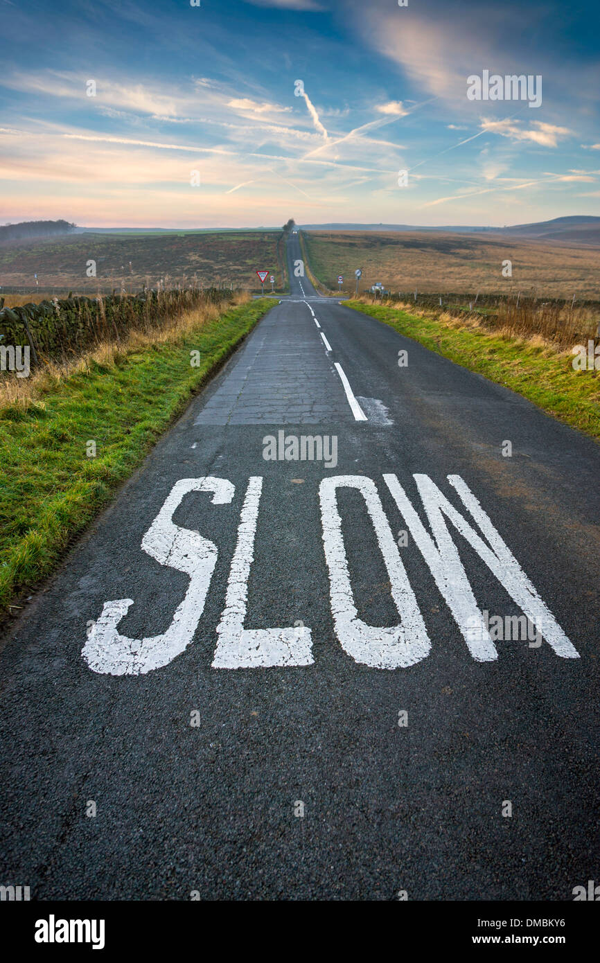 Road with slow sign, perspective, distance, vanishing point Stock Photo