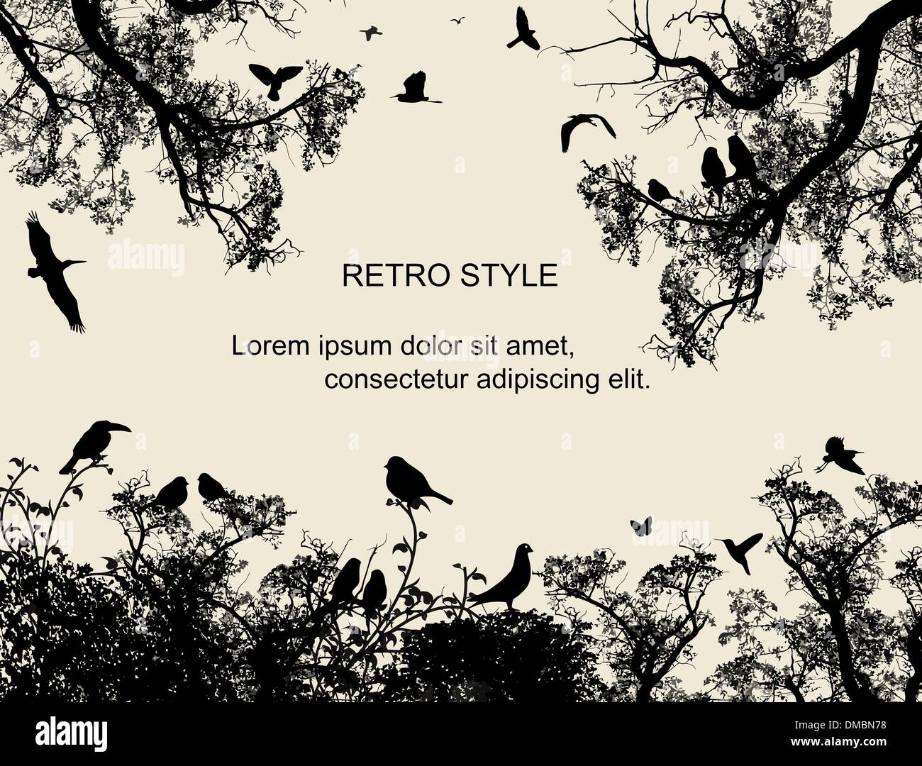 Birds and trees on retro style background Stock Vector