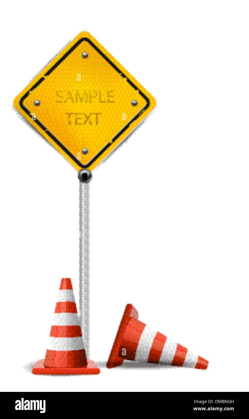 Traffic Cones and Yellow Sign Stock Vector
