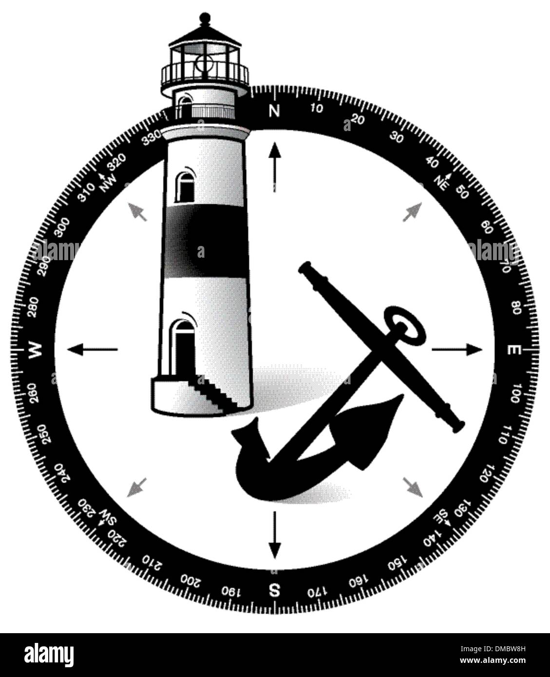 Compass, with a lighthouse and ship s anchor Stock Vector