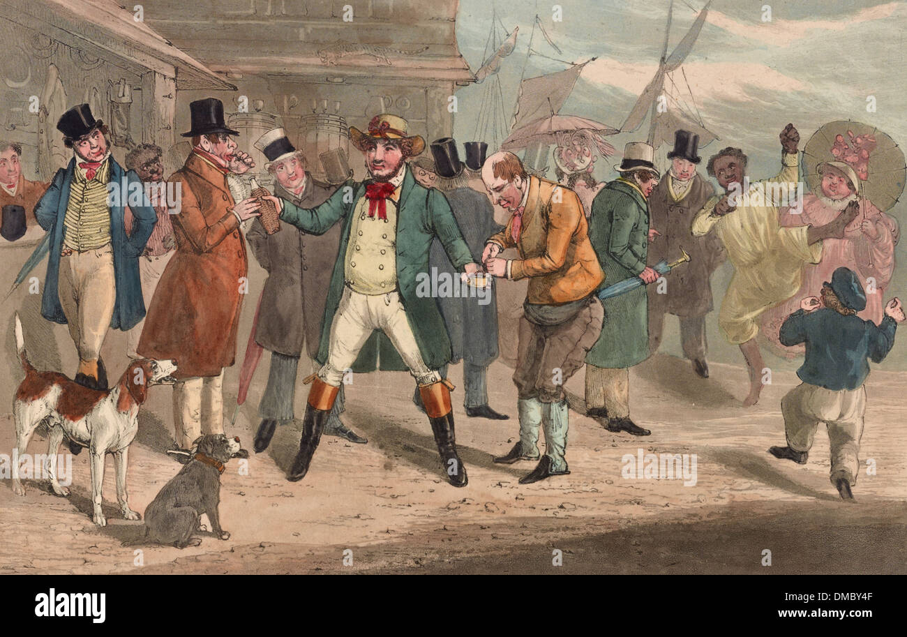 The Colonel electioneering. How to get a vote, or going fixed for the purpose - a man at center, assumed to be Davy Crockett, standing on a busy commercial street, offering one man a drink and another man tobacco, while campaigning for political office. Two dogs have stopped to observe. Includes lengthy text of an interview between 'B' and the 'Col.' wherein Crockett describes his electioneering method; citing as the source, the 'Life of David Crockett.', circa 1832 Stock Photo