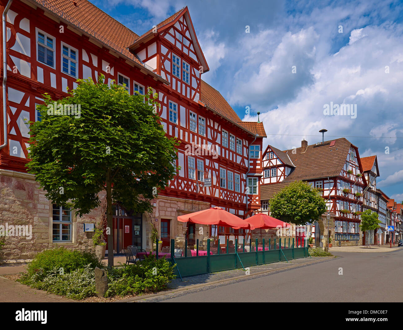 Hotel Zum Schwan and Town Hall in Wanfried, Werra-Meissner district, Hesse, Germany Stock Photo