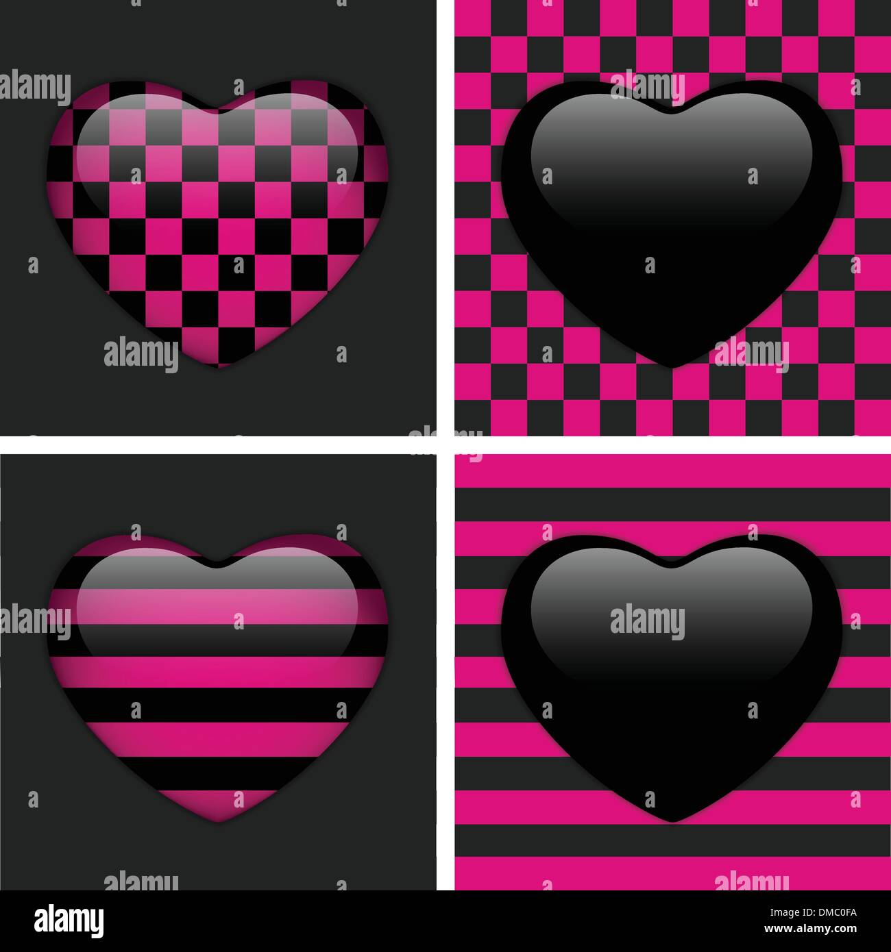 Set of Four Glossy Emo Hearts. Pink and Black Chess and Stripes Stock Vector