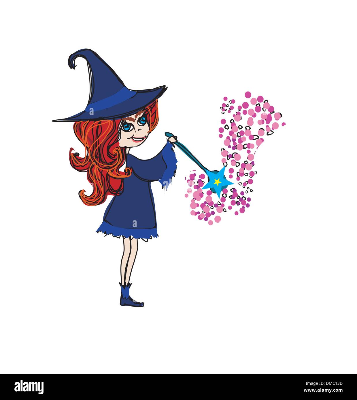 little witch girl with magic wand Stock Vector