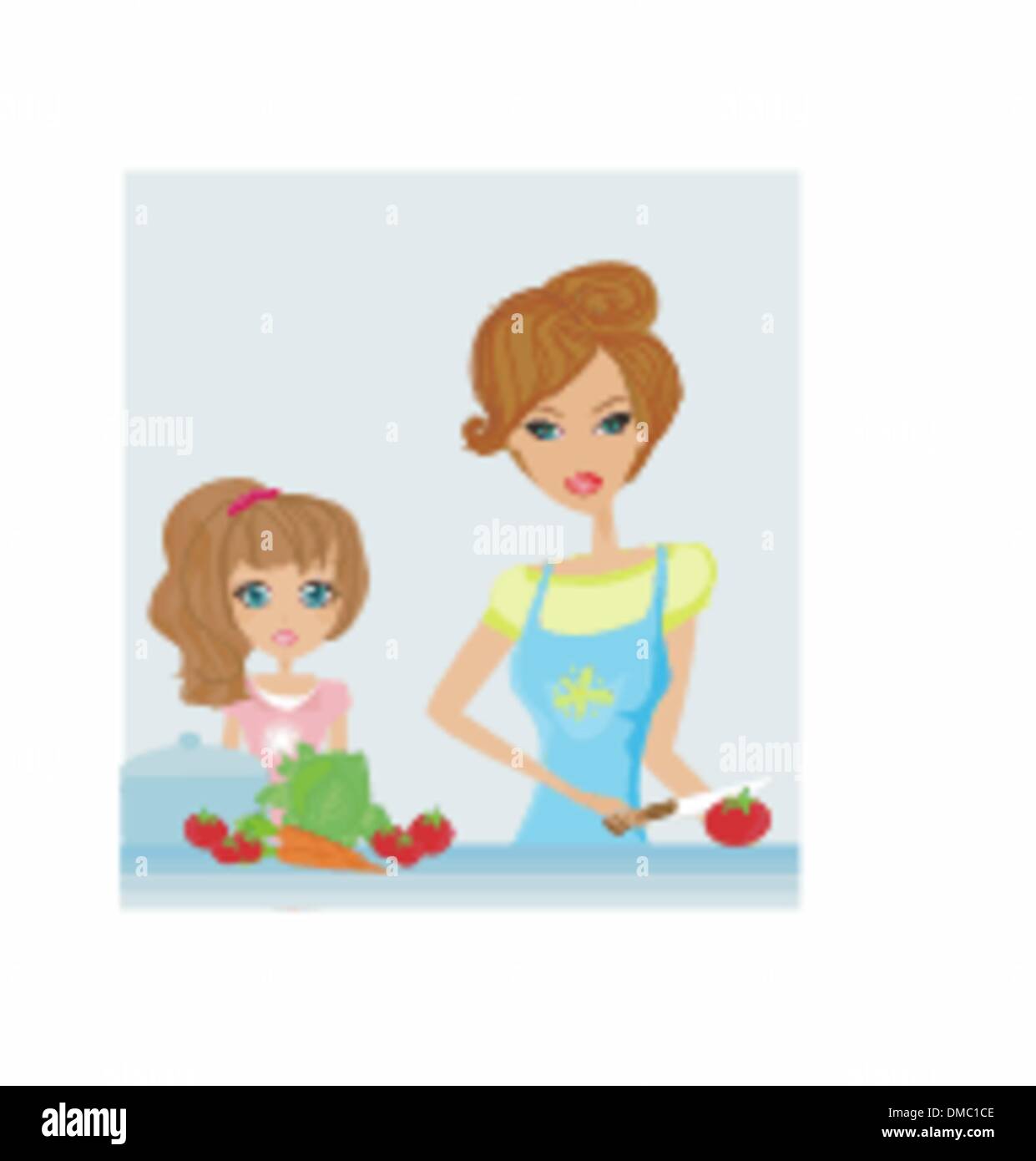 Happy mother helping her daughter cooking in the kitchen Stock Vector