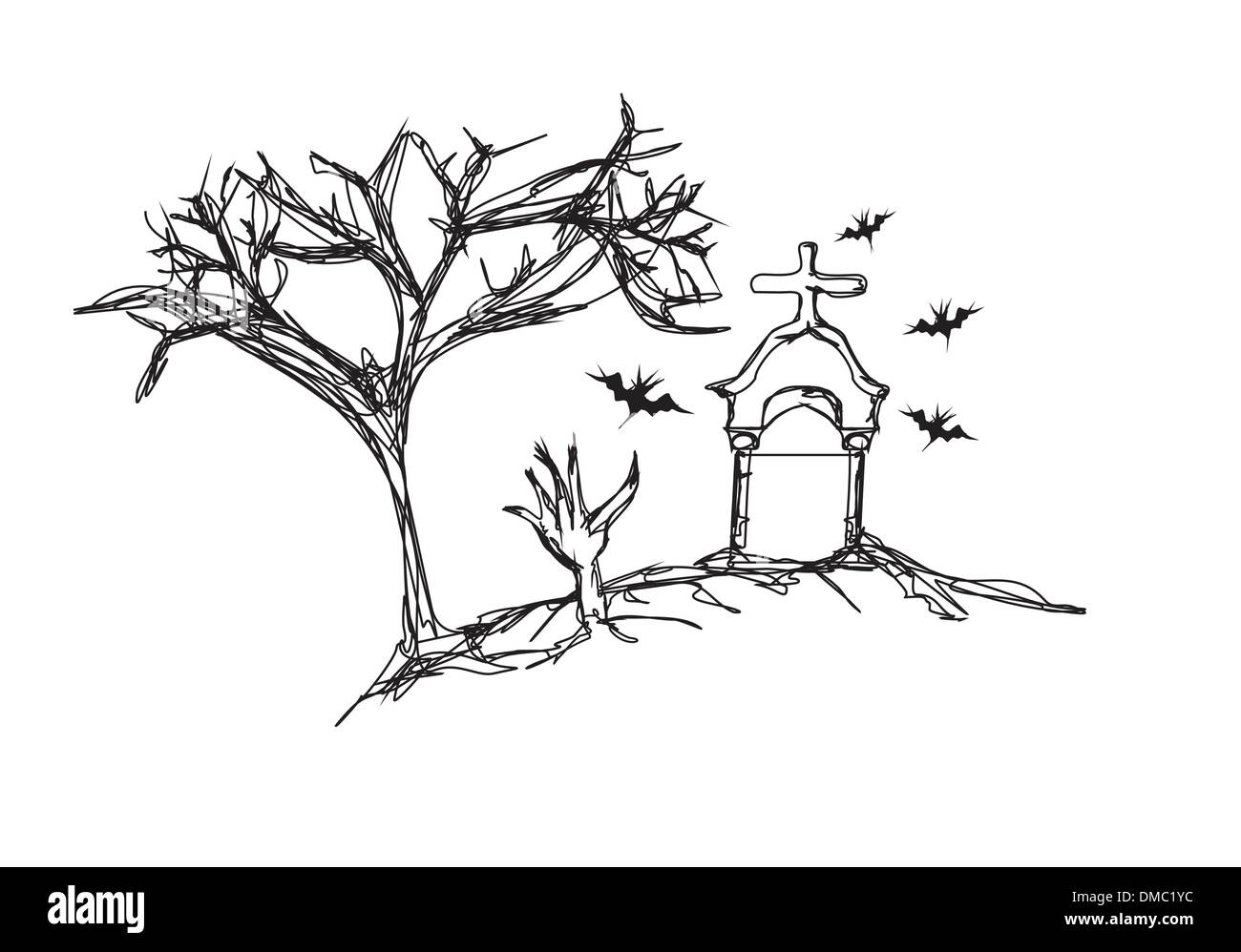 Zombies hand emerging out of the ground in a graveyard - doodles Stock Vector