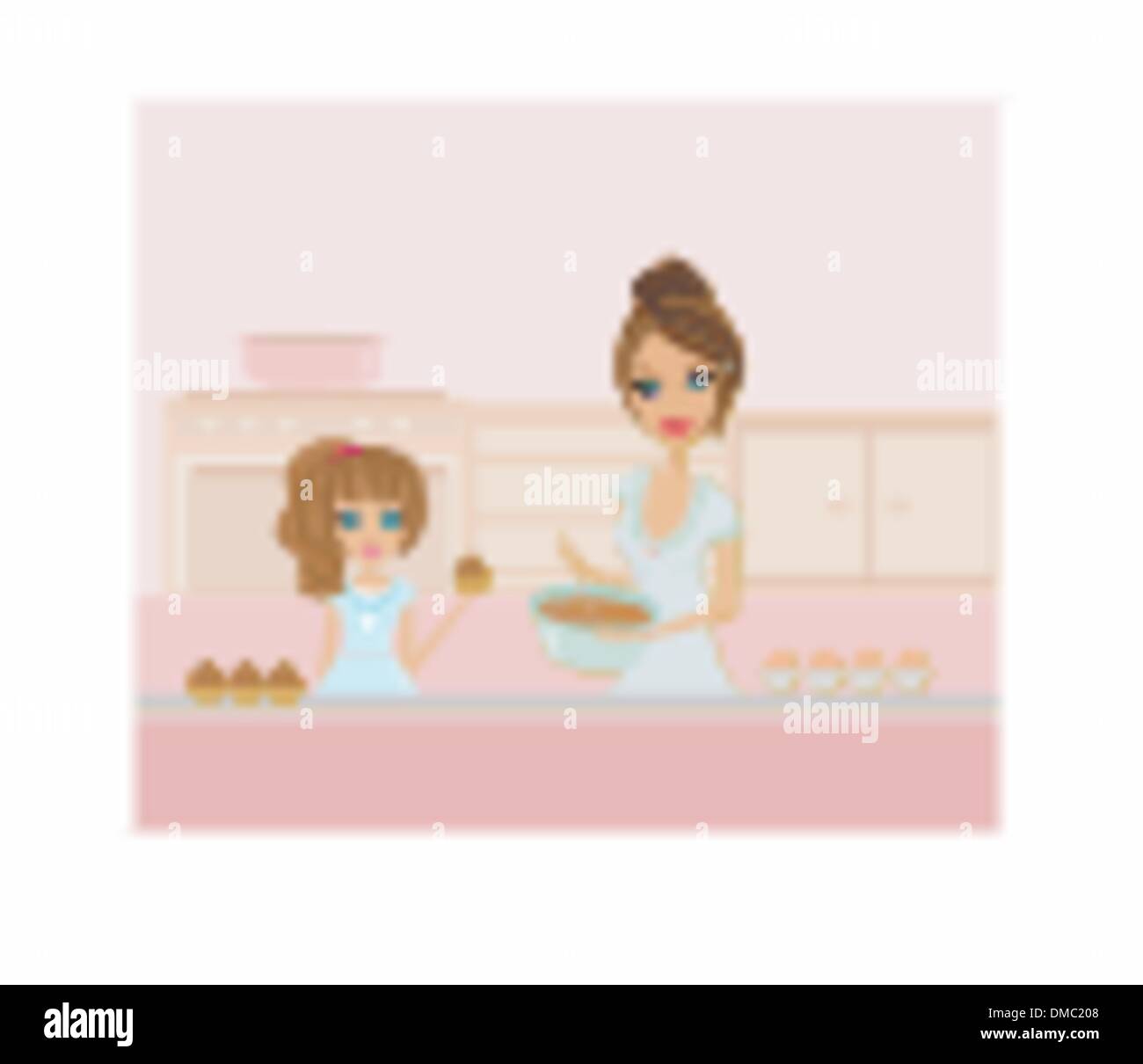 Happy mother helping her daughter cooking in the kitchen Stock Vector