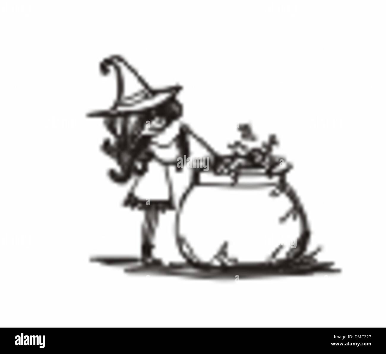 Halloween witch preparing potion - doodle Stock Vector