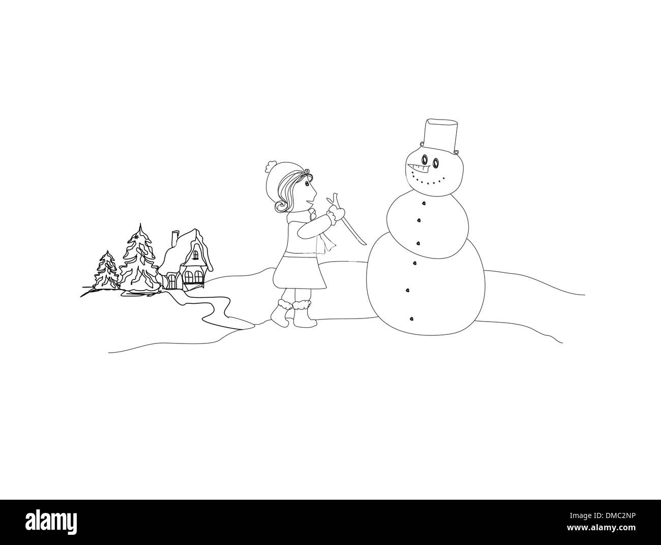 Little girl and snowman doodle Stock Vector