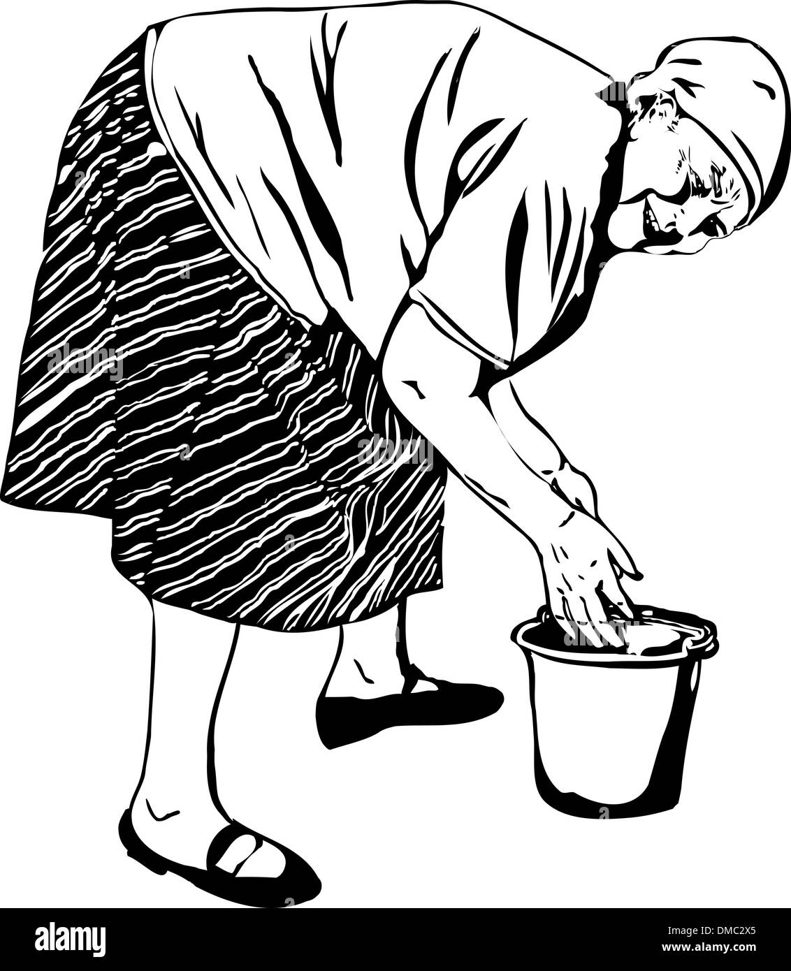 Grandma washes his hands in a bucket Stock Vector