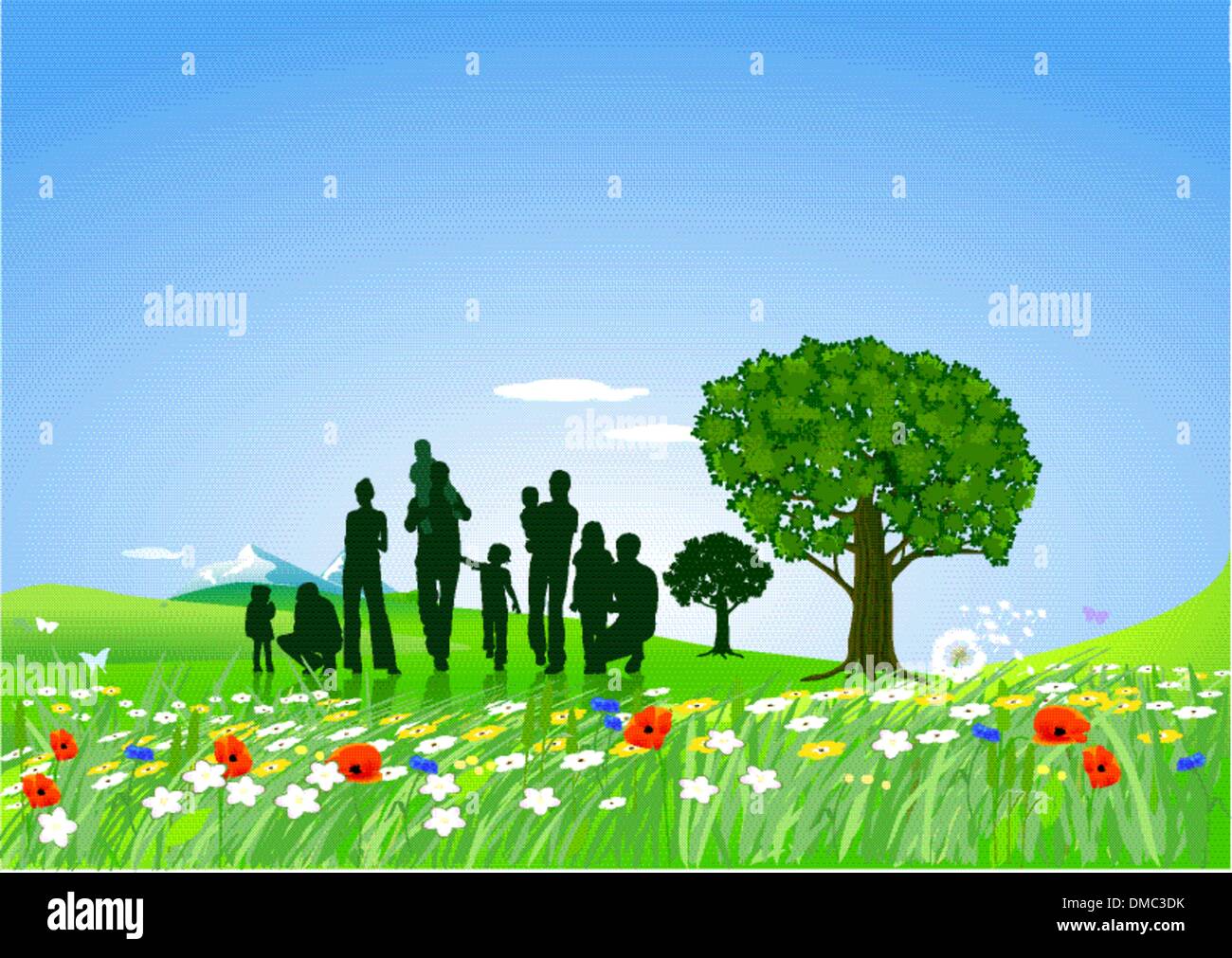 Summer lawn with family Stock Vector