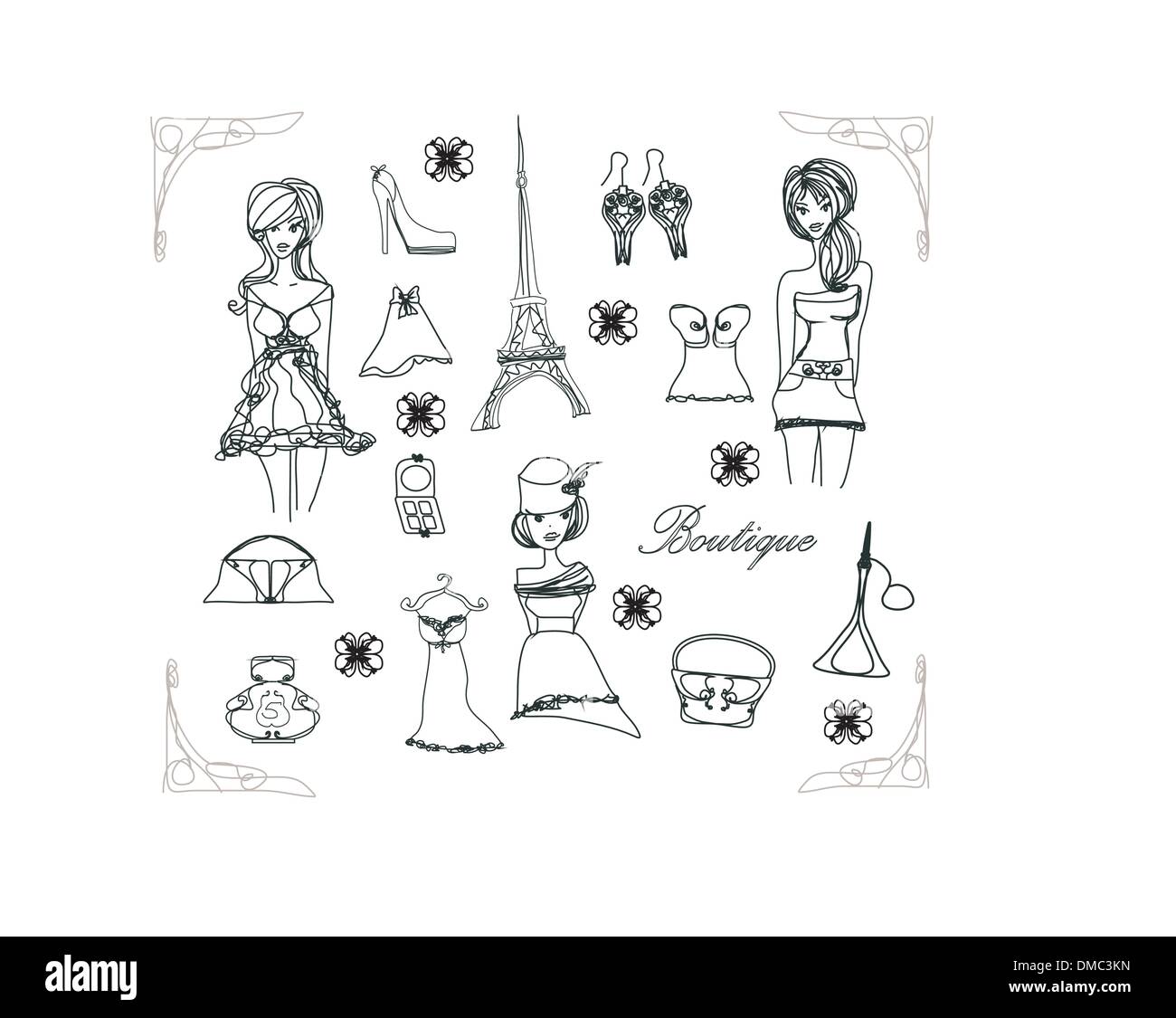 Paris fashion doodles set , vector illustration Stock Vector Image