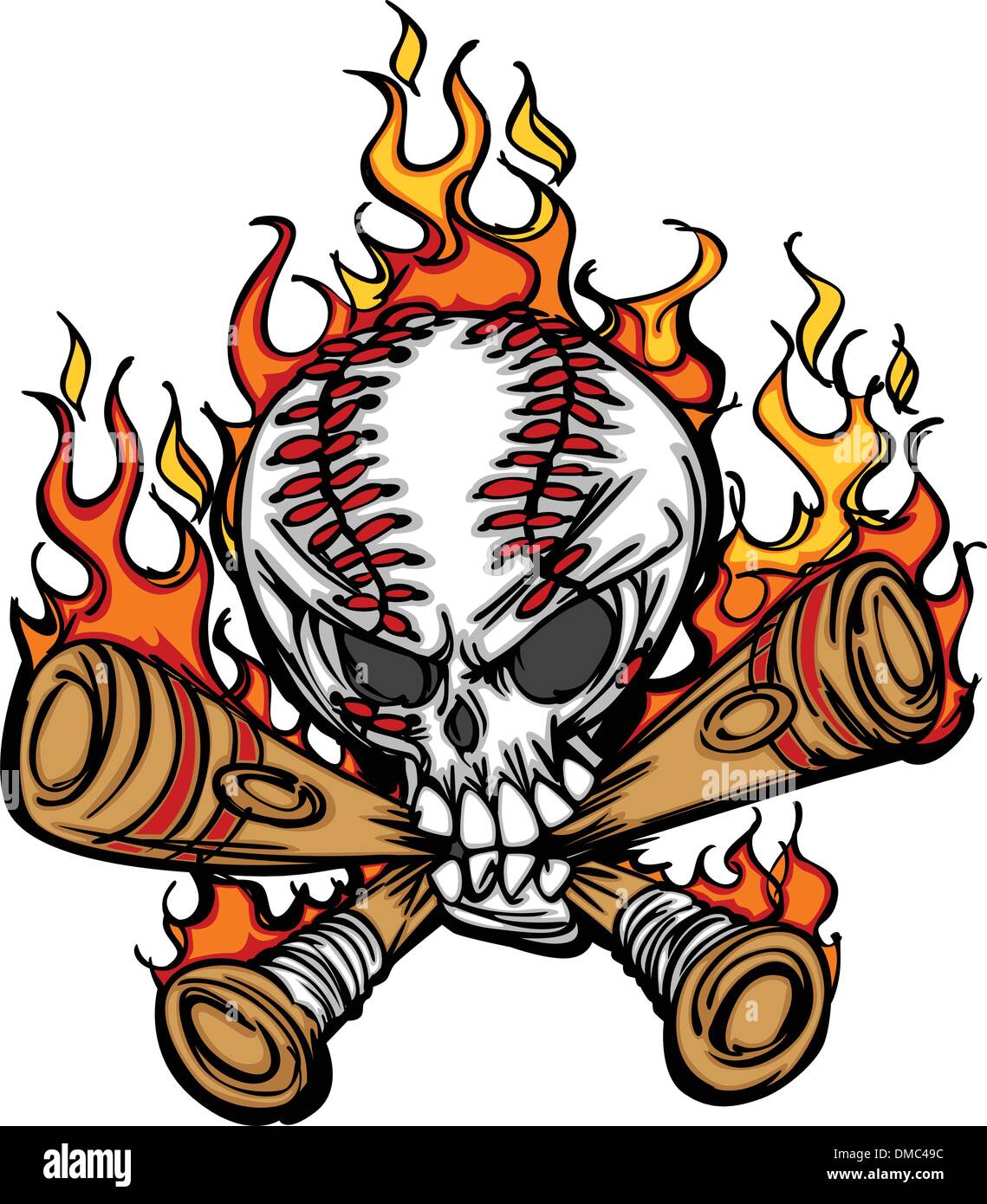 Softball Baseball Skull and Bats Flaming Cartoon Image Stock Vector