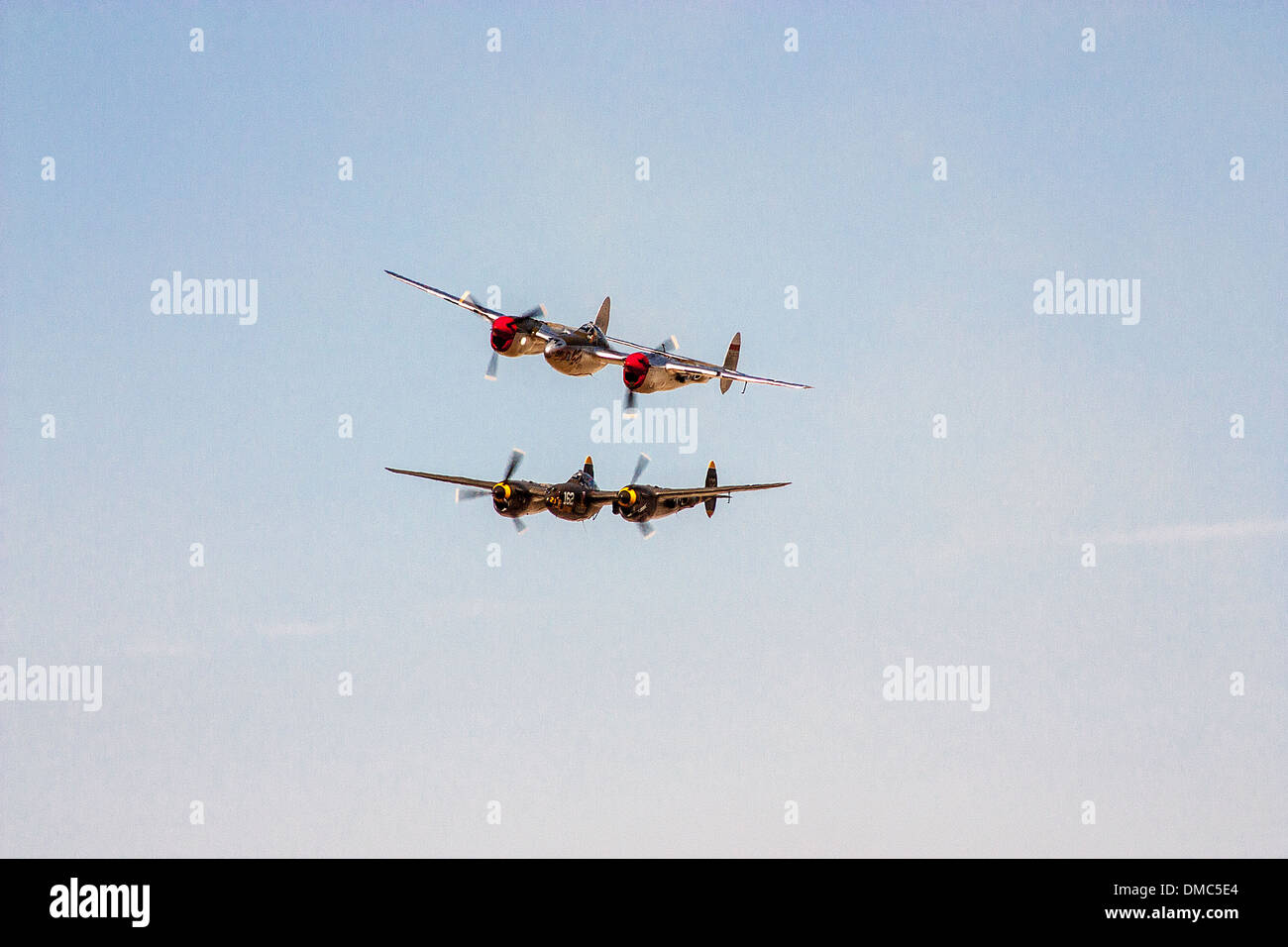 A pair of P-38 Lightnings on a flyby at the Wings over Camarillo Air Show in August of 2011 Stock Photo