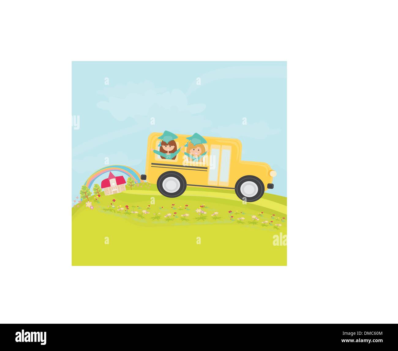 Illustration of Kids Driving Away in a School Bus Stock Vector