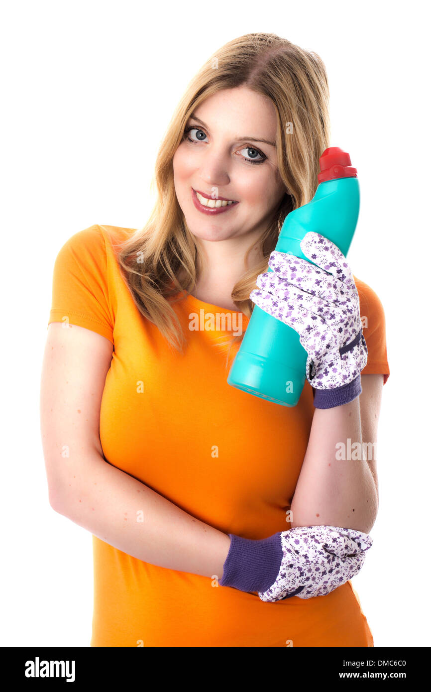 Young Woman or Housewife Wearing Protective Gloves Holding A Bottle of Cleaning Bleach To