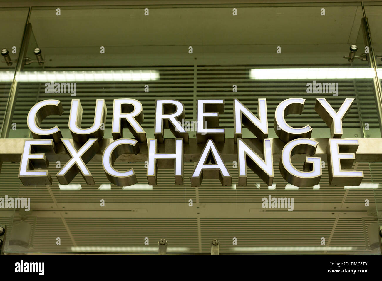 Currency Exchange sign above shop entrance Stock Photo