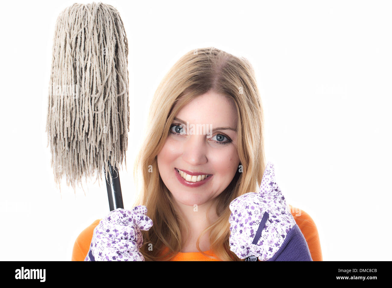 Young Woman Holding a Mop Stock Photo Alamy