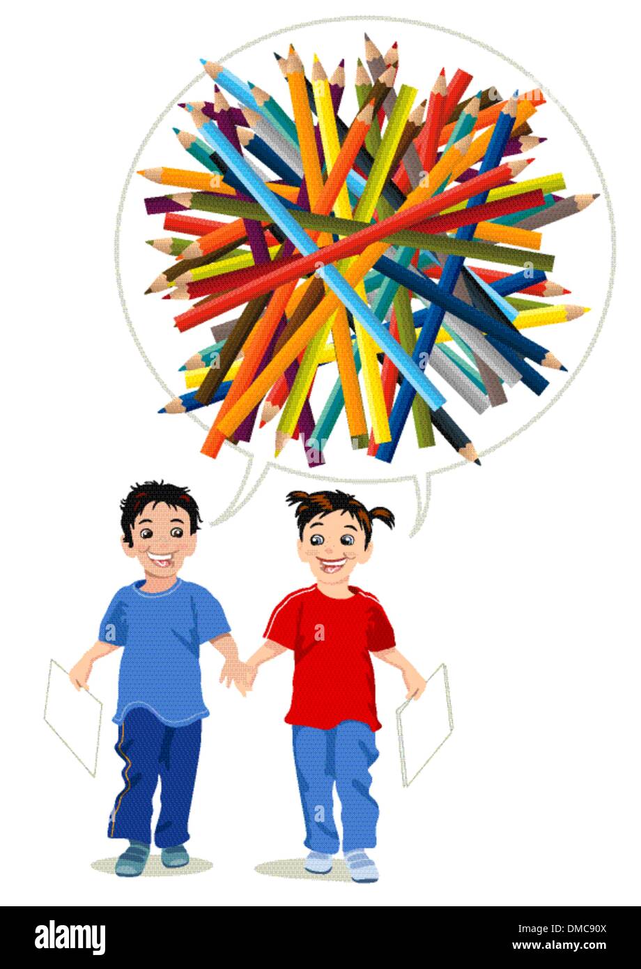 Children draw with Coloured Pencils Stock Vector