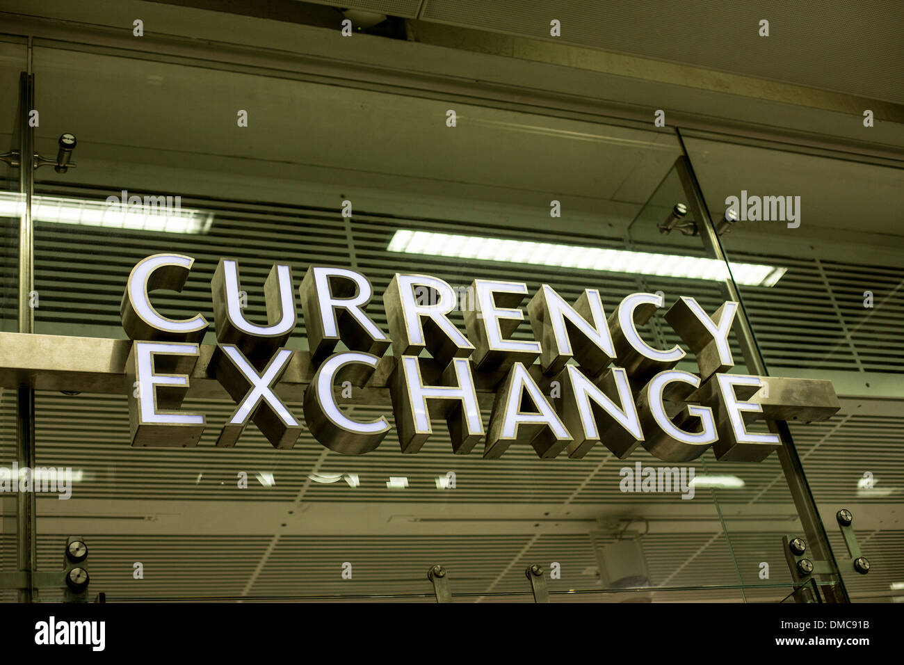 Currency Exchange sign above shop entrance Stock Photo