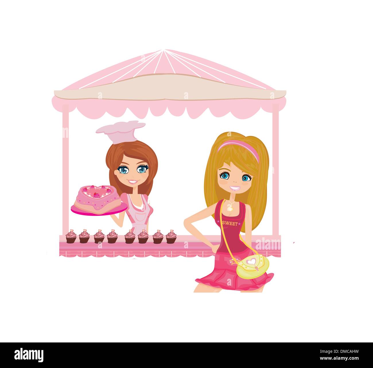 illustration of a woman buying cake at a bakery store Stock Vector
