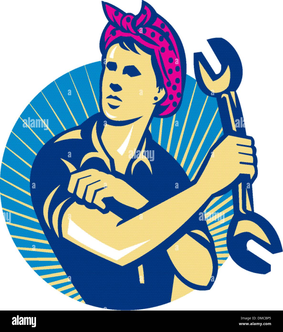 Female Mechanic Worker With Spanner Retro Stock Vector