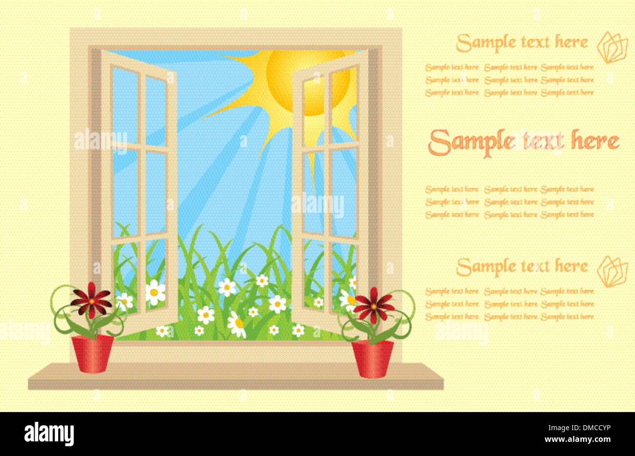 Opened plastic window in room with view to green field. vector Stock Vector
