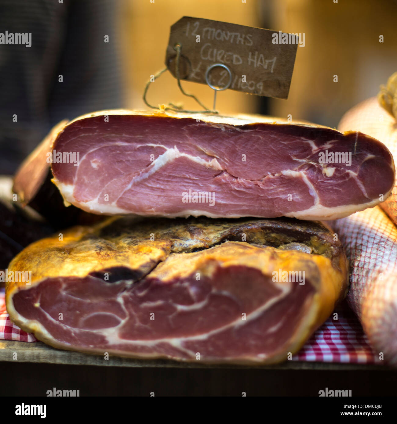 12 months cured ham on sale at Borough Market, London Stock Photo