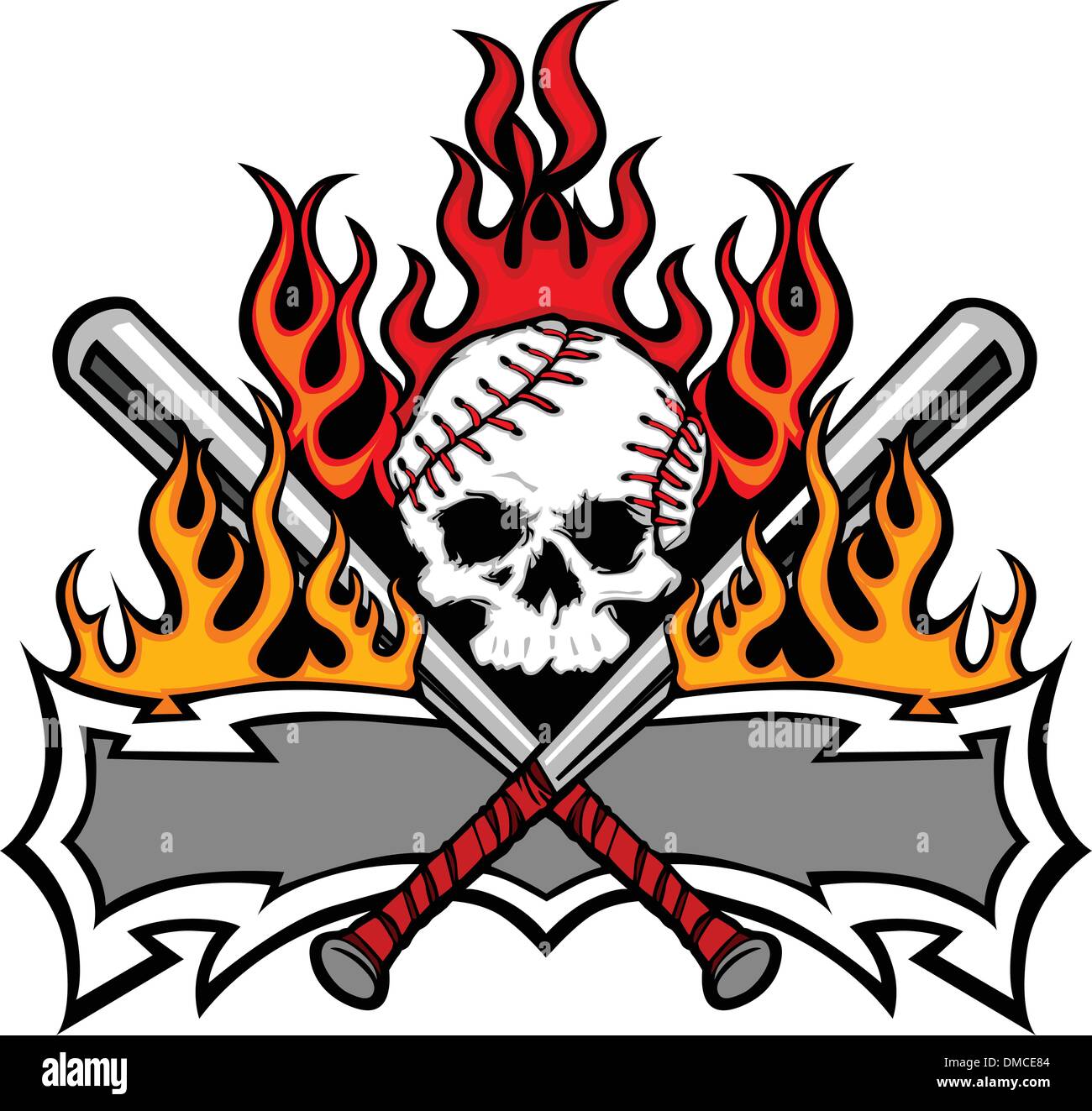 Softball Baseball Skull and Bats Flaming Template Image Stock Vector