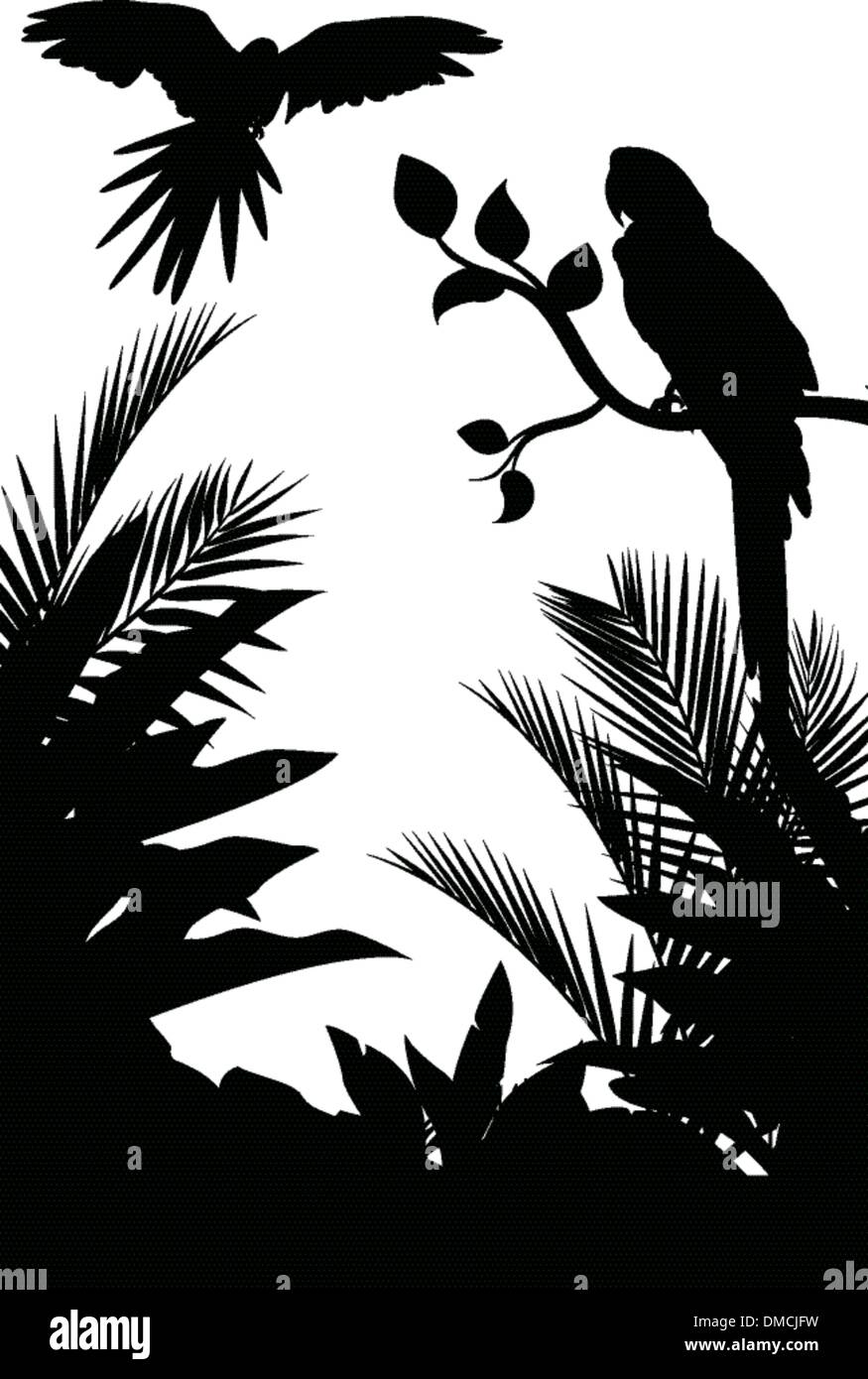 Tropical bird silhouette with garden background Stock Vector