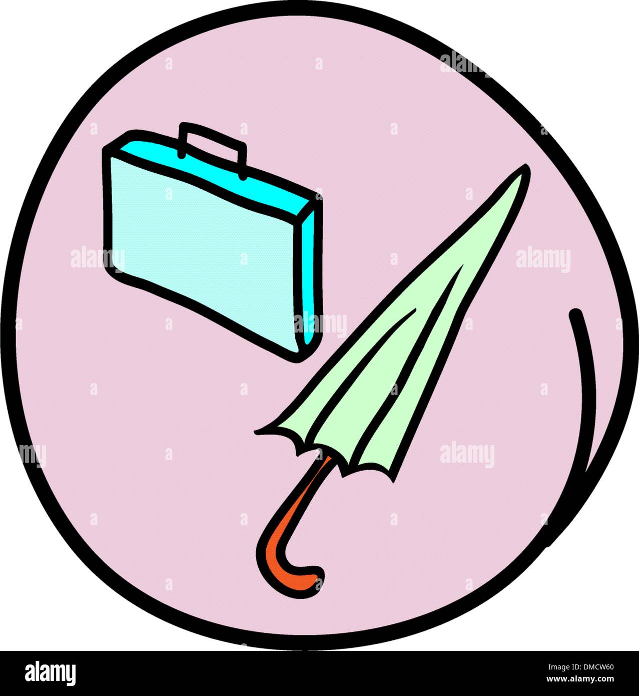 Briefcase and Umbrella on Round Purple Background Stock Vector