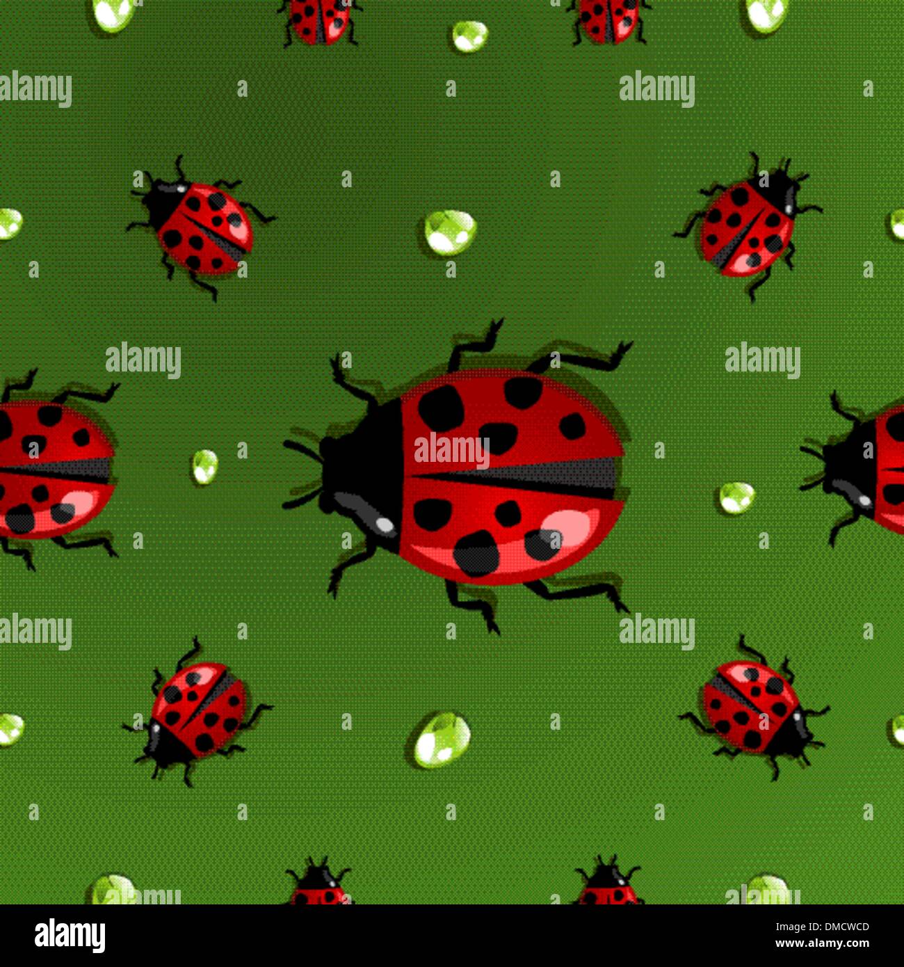 Spring water drops and ladybug pattern Stock Vector