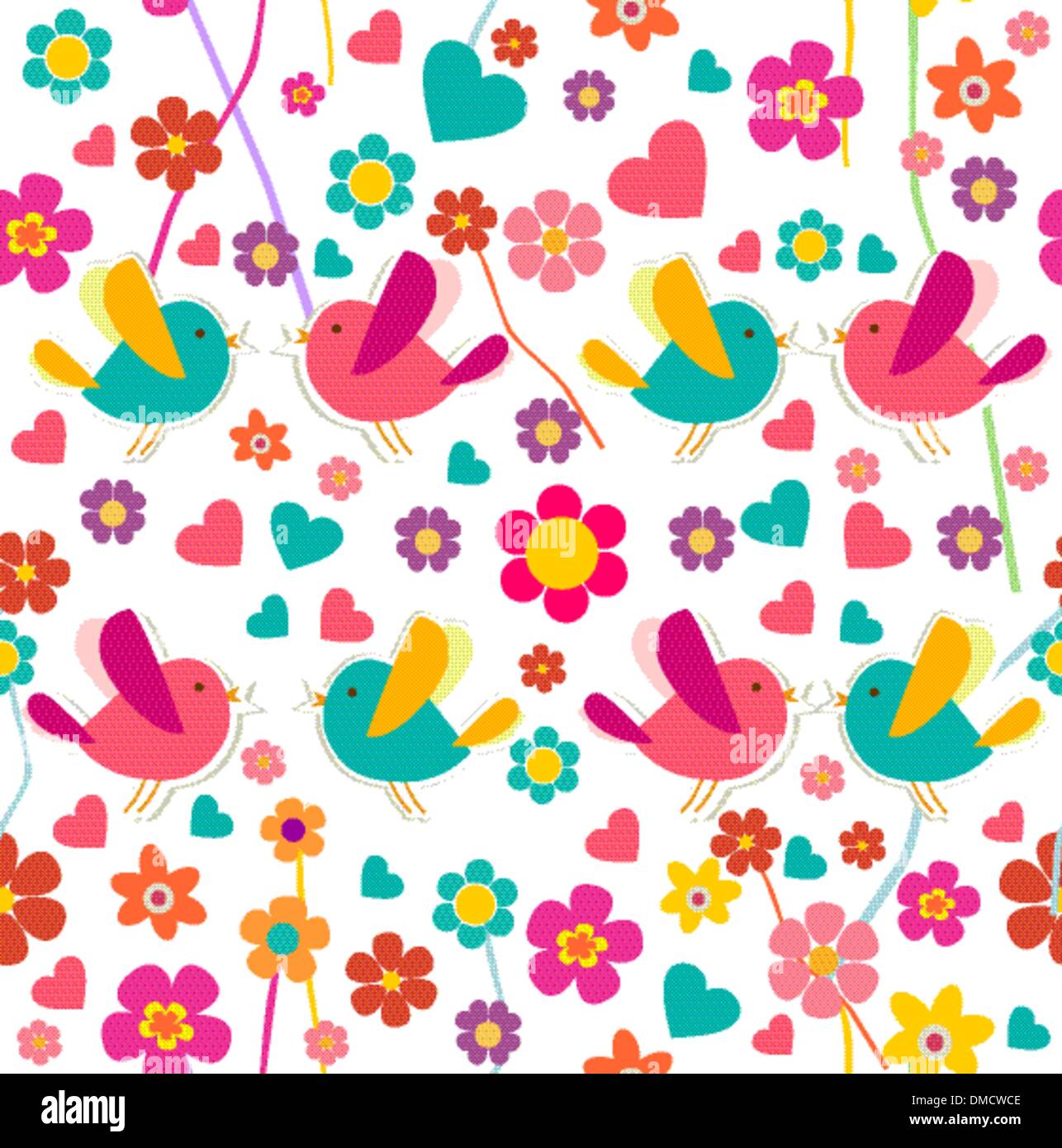 Spring bird and flower pattern Stock Vector