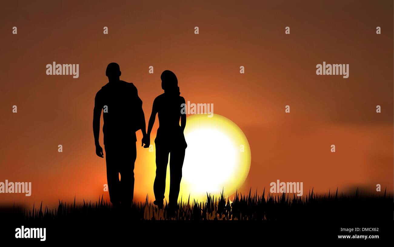 couples as a silhouette against sunset/sunrise Stock Vector