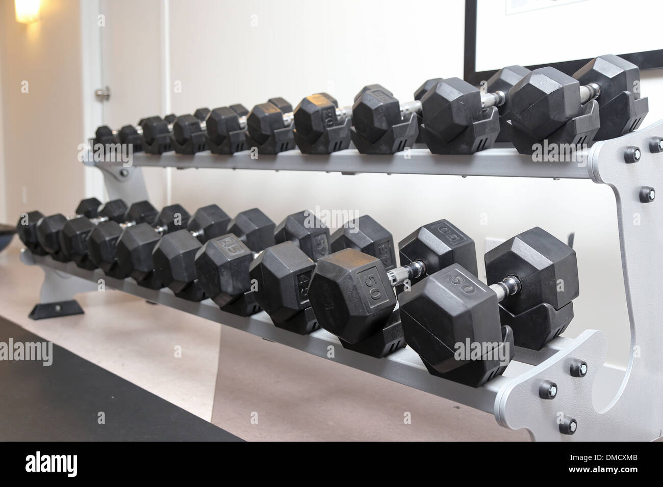 Dumb bells lined up in a fitness studio Stock Photo