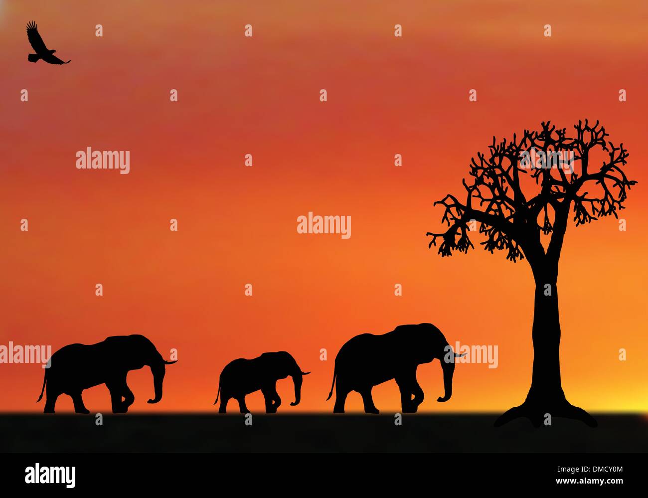 illustraion of elephants in sunset in africa Stock Vector