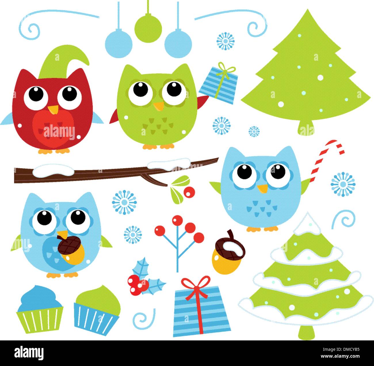 Christmas cartoon owls and decoration set isolated on white Stock ...