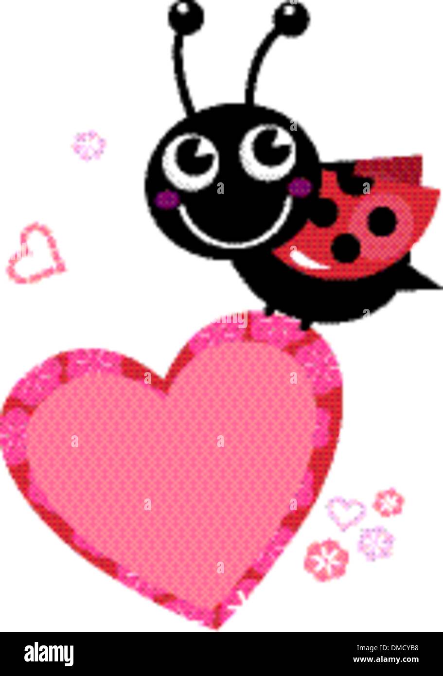 Cute flying Ladybug holding heart isolated on white Stock Vector
