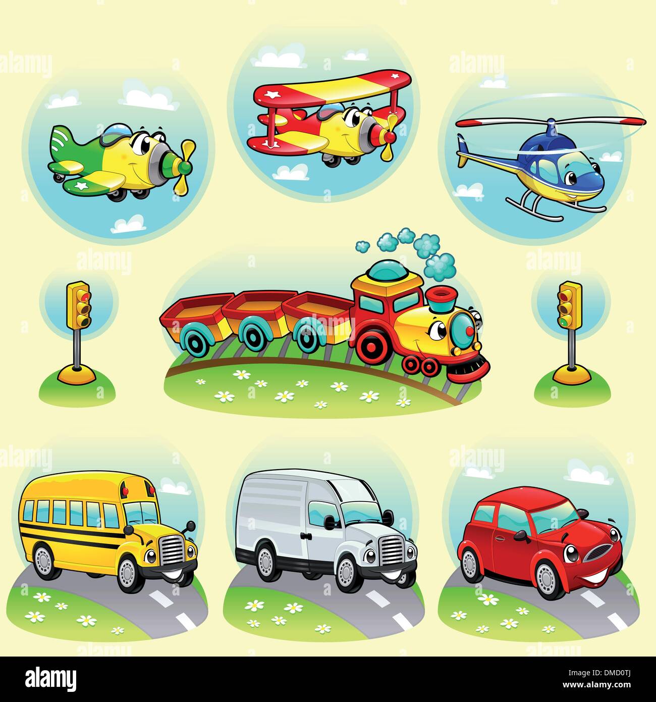 Funny vehicles with background. Stock Vector