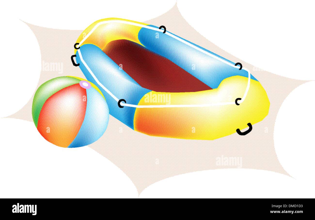 An Illustration of Beach Ball and Inflatable Boat Stock Vector