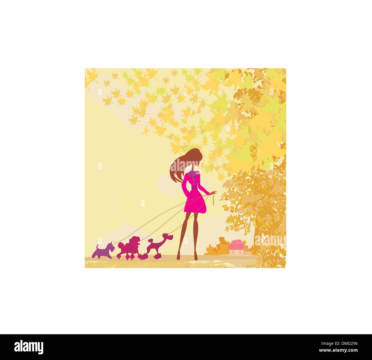 Girl walking with her dog in autumn landscape. Stock Vector