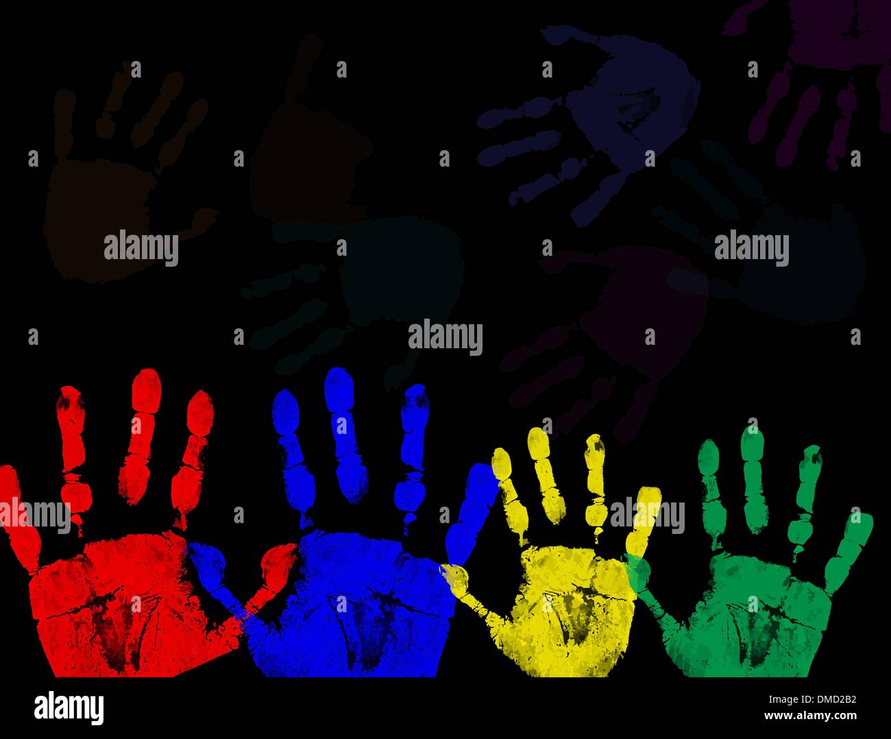 Colorful hand prints isolated on black Stock Vector