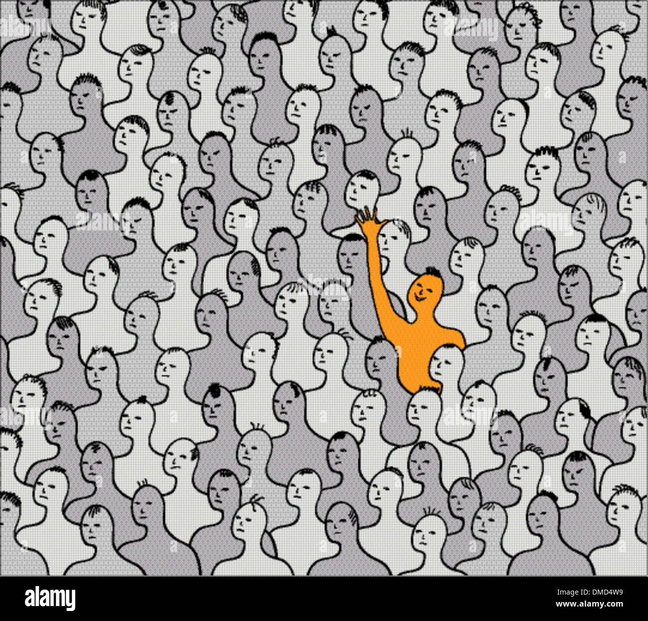 Happy person raising hand in a pessimistic crowd Stock Vector
